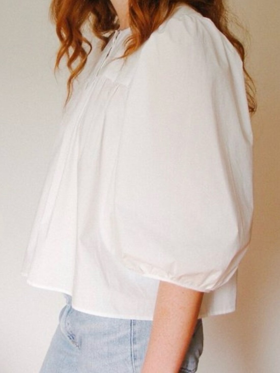 A Bronze Age Tops - A BRONZE AGE White Posey Cotton Poplin Blouse Balloon Sleeve Size Medium NWT